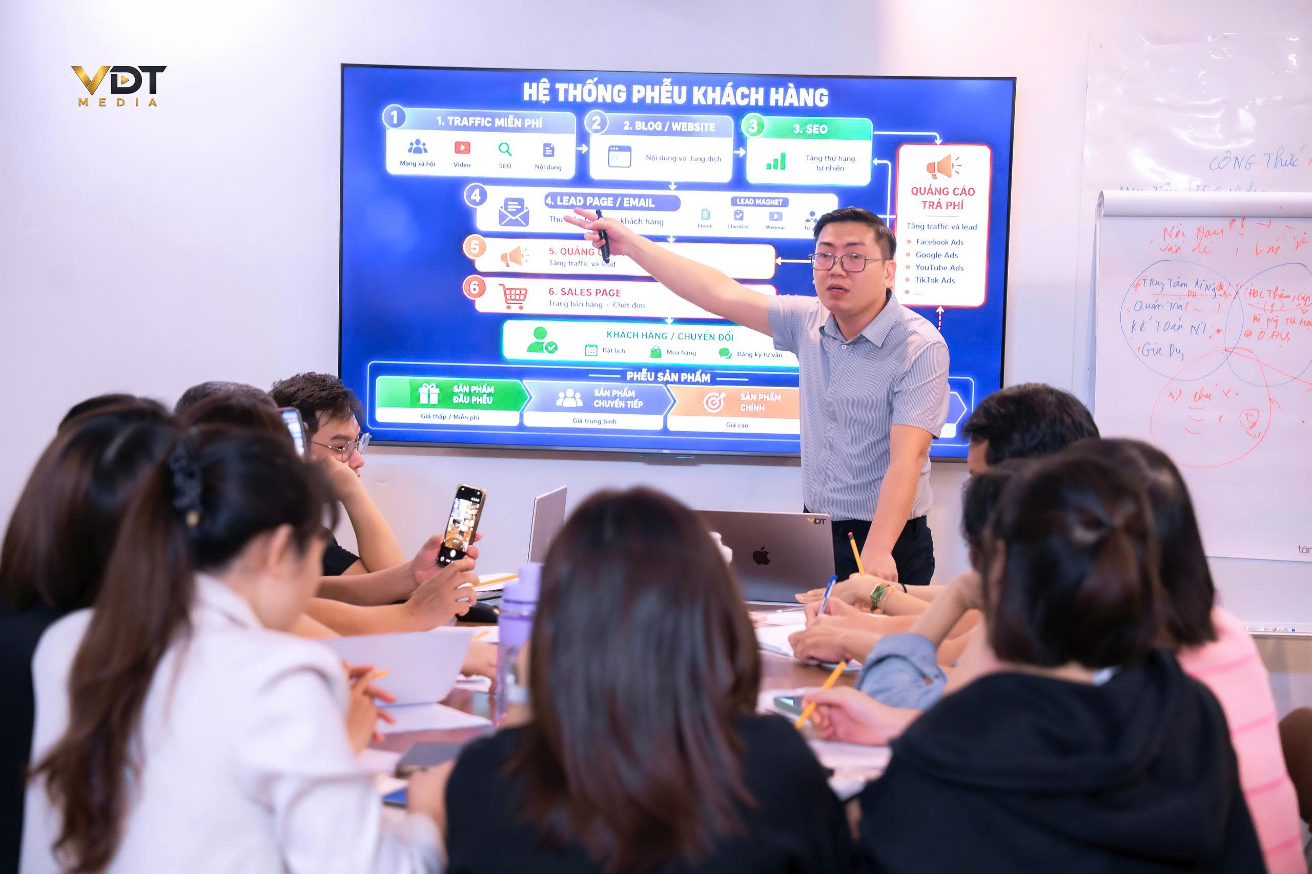 Giảng viên hướng dẫn hệ thống phễu khách hàng tại lớp học VDT Media